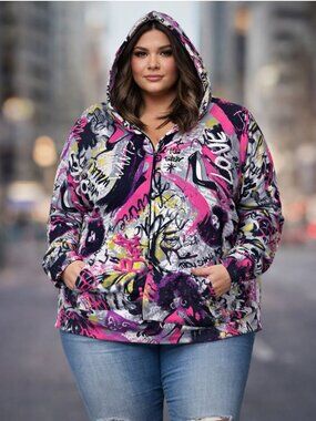 Full Circle Trends Graffiti Full Zip Hoodie Jacket Streetwear Y2K Oversized 3X